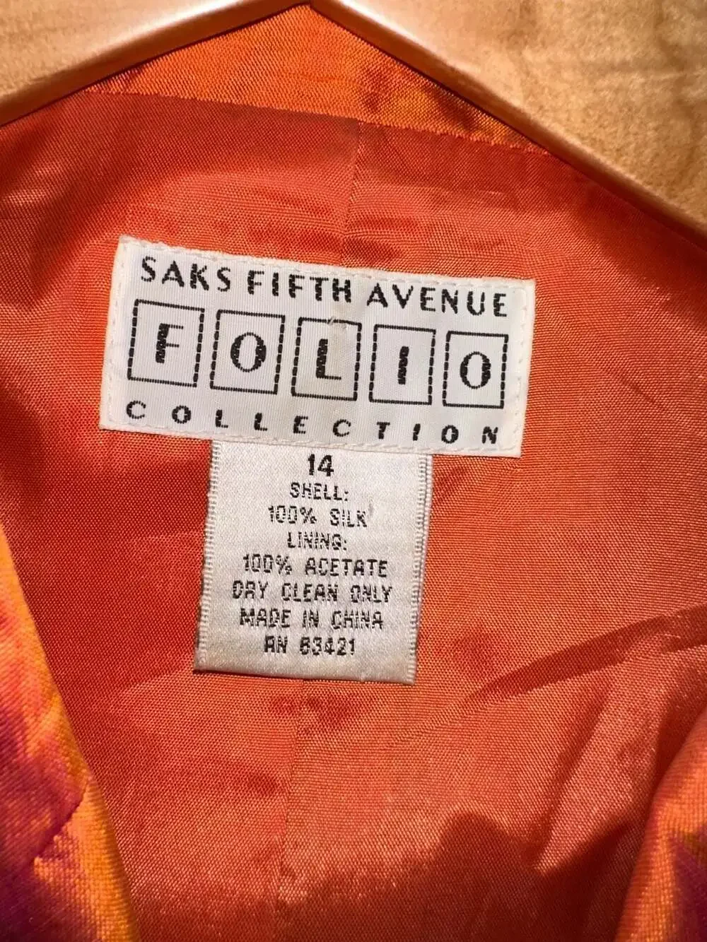Saks Fifth Avenue Folio Collection Vintage 100% Silk Orange Blazer Jacket Women